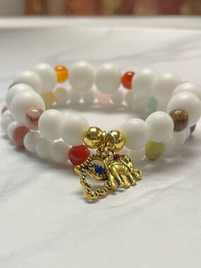 White Beaded Stretch Bracelet with Gold Charm